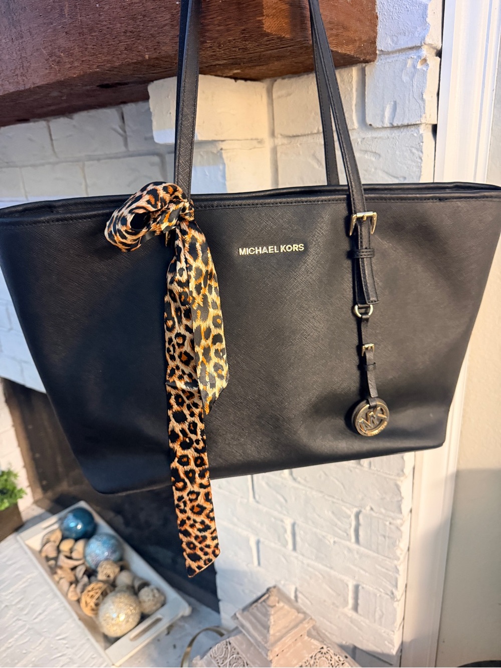 Michael Kors Black Leather Tote with Leopard-Print Scarf Accent